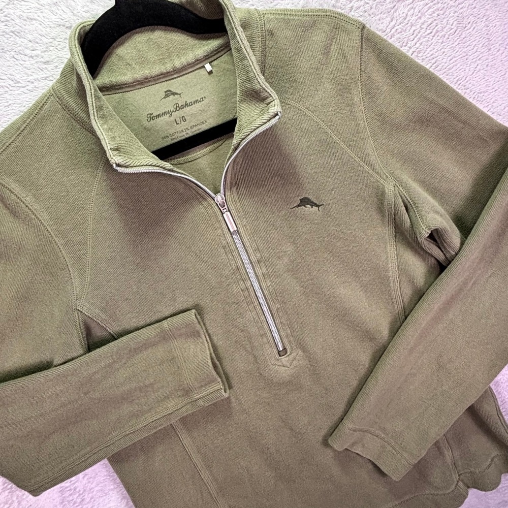 Tommy Bahama Mens Pullover Size Large Olive Green Ribbed Quarter Zip Sweater